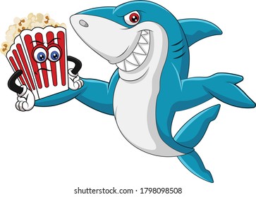 Shark and Popcorn box cartoon vector art and illustration