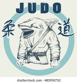 Shark practicing judo. Hand drawn style.Vector label for judo