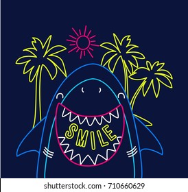 Shark print design with slogan. Vector illustration design for fashion fabrics, textile graphics, prints.