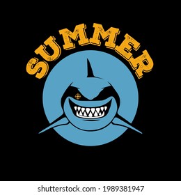 Shark print design. Vector template of cartoon theme with added text Summer. An underwater character with a wide smile and sharp teeth.
Bank for printing souvenirs.