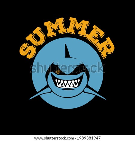 Shark print design. Vector template of cartoon theme with added text Summer. An underwater character with a wide smile and sharp teeth.
Bank for printing souvenirs.