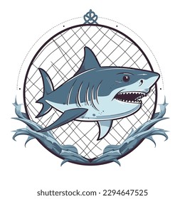 Shark protection net. marine aquarium, ocean life, cartoon vector illustration. label, sticker, t-shirt printing