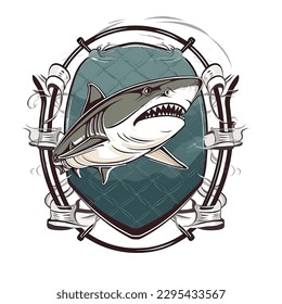 Shark protection net. marine aquarium, ocean life, cartoon vector illustration. label, sticker, t-shirt printing