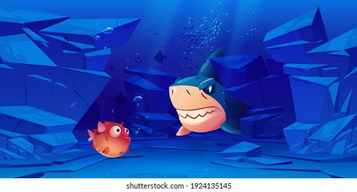 Pescado de tiburón y pez globo en el mar o fondo oceánico con rocas alrededor. Criaturas submarinas con caras y ojos grandes lindos y enojados, personajes para juegos de computadora, animales marinos, ilustración vectorial de dibujos animados