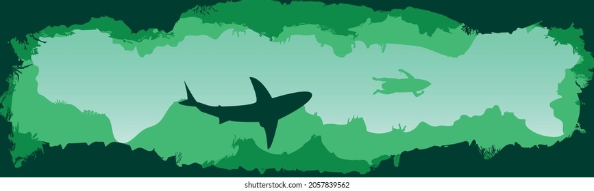 shark pursues a surfer, bottom view. Vector