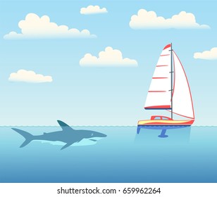 The shark is pursuing the yacht. Underwater view. Sails, sky with clouds. Vector illustration.