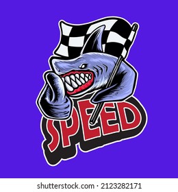 Shark Racing Mascot Logo Design Vector Illustration