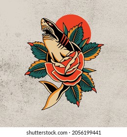 shark with red rose flower vector illustration