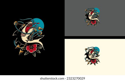 shark and red rose vector flat design