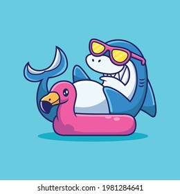 Shark Relax on Flamingo Tires with Cute Pose. Animal Vector Icon Illustration, Isolated on Premium Vector