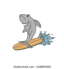 A shark rides a surfboard. Flat vector illustration.