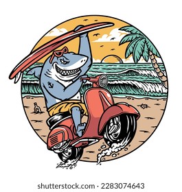 shark riding a scooter on the beach