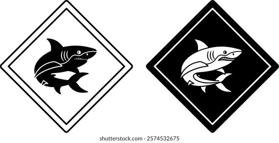 Shark Road Signs. Black and White Vector Icons. Fish, Predator. Road Sign Warning About Shark. Zoo Sticker