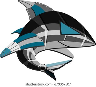 A shark robot jumps, grey and blue