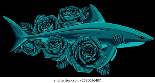 shark with rose flower on black background