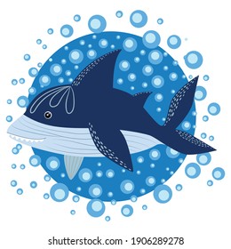 Shark in Scandinavian style surrounded by water, bubbles, hand drawn