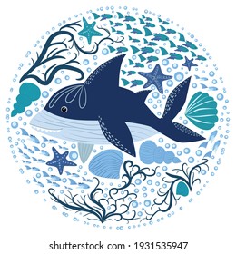 Shark in Scandinavian style surrounded by fish, starfish, seaweed, seashells, hand drawn