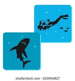 shark and scuba diver floating above it