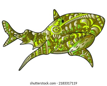 Shark sea animal color green for adults vector illustration. Anti-stress color for adult. Zentangle style.