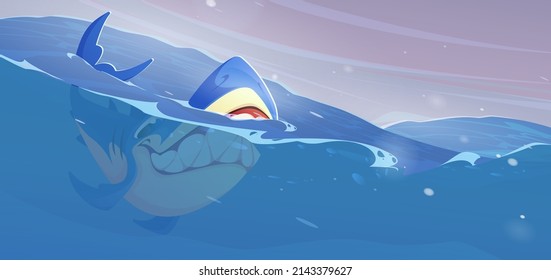 Shark in sea, dangerous fish predator swim in ocean waves. Underwater creature with angry face and big sharp teeth, marine wildlife animal, character for adventure game, Cartoon vector illustration