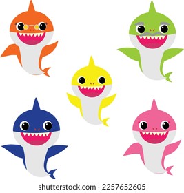 Shark. Sea fish character cartoon. Emotional shark comic. Shark mascot. Sharks for babies, kids and families. Isolated icon vector illustration set.