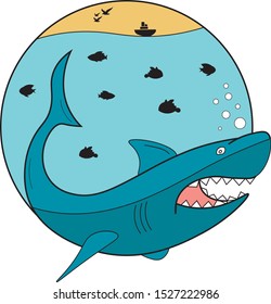 Shark in sea illustration. Shark template in color shapes. Shark in ocean with boat and fishes.