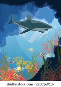 Shark in the sea near a coral reef and an underwater cave with algae and fish. Realistic underwater landscape