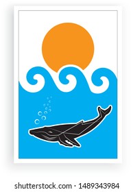 Shark in sea on sunset, illustration, vector, minimalist paint, sea world, underwater, sperm whale in blue sea, minimalist poster design, sea with waves 
