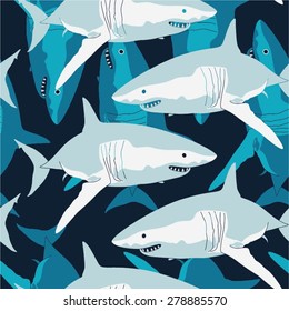 Shark in sea pattern, seamless vector background.