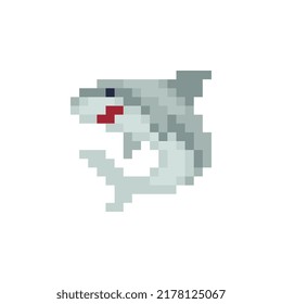 Shark Sea Predatory Fish Isolated Vector Illustration. Pixel Art Flat Style Icon. Game Assets. 8-bit Sprite.