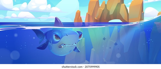 Shark in sea with rocks around. Underwater creature in ocean with fin stick up above water surface. Angry fish predator, game character, marine toothy animal wait prey, Cartoon vector illustration