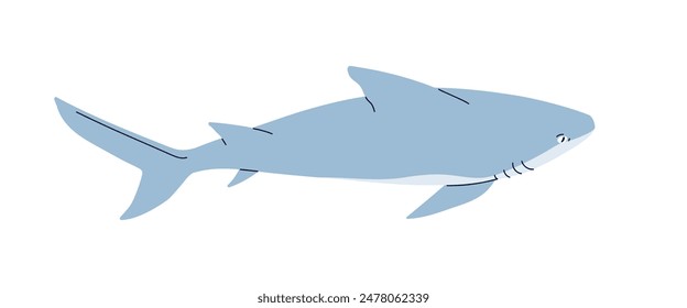 Shark, sea underwater fish. Big great marine predator. Dangerous aquatic animal with cartilage fin. Ocean water wild fauna swimming. Flat vector illustration isolated on white background