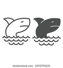 Shark in sea waves line and solid icon, marine wild life concept. Vector graphics. Predator animal, danger sign on white background, outline style icon for mobile or web design