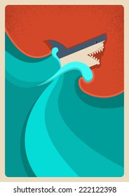 Shark in sea waves poster background.Vector illustration