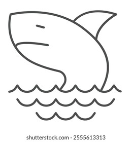 Shark in sea waves thin line icon, marine wild life concept. Vector graphics. Predator animal, danger sign on white background, outline style icon for mobile or web design