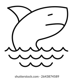 Tubarão em ondas do mar ícone de linha fina, conceito de vida selvagem marinha. Gráficos vetoriais. Animal predador, sinal de perigo no fundo branco, estilo móvel ou design