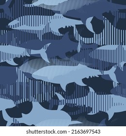 Shark seamless camouflage pattern, print for t-shirts, textiles, wrapping paper, web. Original design with shark silhouette. grunge design for boys and girls