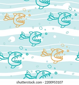 Shark seamless pattern. Cartoon sketch fish illustration. Drawn by hand. Doodle.