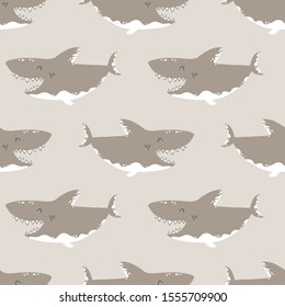 Shark seamless pattern. Childish vector background in simple Scandinavian cartoon style in pastel beige colors. Ideal for printing onto fabrics, etc.