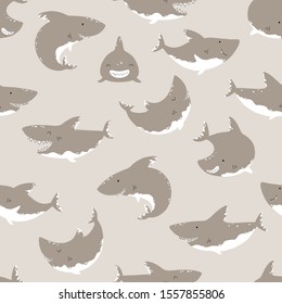 Shark seamless pattern. Childish vector background in simple Scandinavian cartoon style in pastel beige colors. Funny fish in different angles. Ideal for printing onto fabrics, etc.