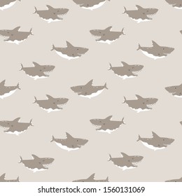 Shark seamless pattern. Childish vector background in simple Scandinavian cartoon style in pastel beige colors. Ideal for printing onto fabrics, etc.