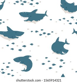 Shark seamless pattern. Childish vector background in simple scandinavian cartoon style. Blue fish at different angles with schools of small fish. Ideal for printing onto fabric.