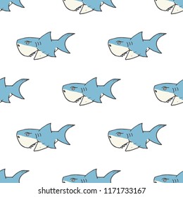 Shark seamless pattern, Hand drawn sketched doodle shark, vector illustration.