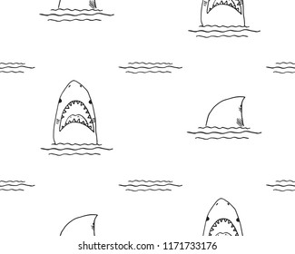 Shark seamless pattern, Hand drawn sketched doodle shark, vector illustration