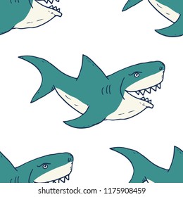 Shark seamless pattern, Hand drawn sketched doodle shark, vector illustration.