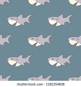 Shark seamless pattern, Hand drawn sketched doodle shark, vector illustration.