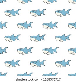 Shark seamless pattern, Hand drawn sketched doodle shark, vector illustration.