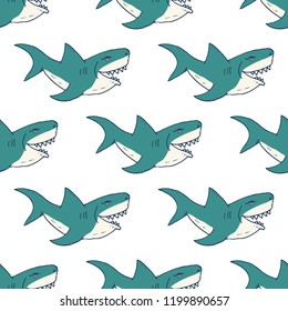 Shark seamless pattern, Hand drawn sketched doodle shark, vector illustration.