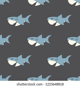 Shark seamless pattern, Hand drawn sketched doodle shark, vector illustration.