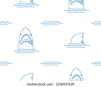 Shark seamless pattern, Hand drawn sketched doodle shark, vector illustration.